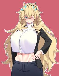 Rule 34 | 1girl, abs, barghest (fate), black jacket, blonde hair, breasts, crop top, crop top overhang, fate/grand order, fate (series), green eyes, grey pants, highres, huge breasts, jacket, long hair, long sleeves, looking at viewer, midriff, navel, one eye closed, open clothes, open jacket, pants, solo, sweater, toned, white sweater, yononaka