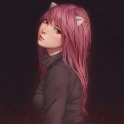 Rule 34 | 1girl, breasts, brown hair, brown shirt, closed mouth, commentary request, elfen lied, eyebrows hidden by hair, hair between eyes, head tilt, highres, horns, long hair, looking at viewer, looking to the side, lucy (elfen lied), miura-n315, nose, realistic, red eyes, shirt, small breasts, solo, turtleneck, upper body, very long hair