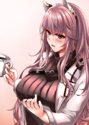 Rule 34 | 1girl, animal ear fluff, animal ears, blush, breasts, brown sweater vest, coffee cup, cup, disposable cup, girls&#039; frontline, girls&#039; frontline neural cloud, highres, holding, holding cup, holding notepad, id card, large breasts, lips, long hair, looking at viewer, notepad, open clothes, open mouth, open robe, persica (girls&#039; frontline), pink eyes, pink hair, robe, simple background, solo, sweater vest, upper body, white robe, xlscaler