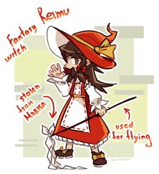 Rule 34 | apron, bow, brown eyes, brown footwear, brown hair, detached sleeves, english text, footwear bow, frilled skirt, frills, gohei, hair tubes, hakurei reimu, hat, long hair, looking at viewer, red headwear, red skirt, role reversal, shirt, shoes, skirt, sleeveless, sleeveless shirt, smile, touhou, waving, white apron, witch, witch hat, yellow bow, zuomerika
