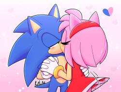 Rule 34 | 1boy, 1girl, amy rose, animal ears, artist name, back, bare shoulders, blue fur, blush, bracelet, breasts, closed eyes, commentary, dress, english commentary, eyelashes, furry, furry female, furry male, gloves, gold bracelet, gradient background, green eyes, hairband, half-closed eyes, hand up, hands up, heart, heart background, hedgehog, hedgehog ears, hedgehog girl, hedgehog tail, hetero, holding, holding hands, jewelry, ketlike, kiss, looking at another, medium breasts, pink background, pink fur, red dress, red hairband, sleeveless, sleeveless dress, sonic (series), sonic the hedgehog, standing, tail, white gloves