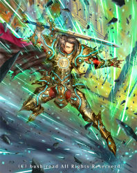 Rule 34 | 1boy, armor, armored boots, boots, brown hair, cape, cardfight!! vanguard, company name, fingerless gloves, gloves, green eyes, ikeda (cpt), knight of new sun catillus, male focus, official art, rock, solo, sword, weapon