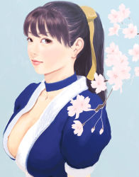 Rule 34 | 1girl, annindouf, blue background, blue dress, breasts, brown eyes, brown hair, cherry blossoms, choker, cleavage, commentary request, dead or alive, dress, highres, kasumi (doa), large breasts, looking at viewer, pink lips, ponytail, realistic, ribbon, yellow ribbon