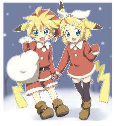 Rule 34 | 1boy, 1girl, :d, aqua eyes, bad id, bad pixiv id, blonde hair, boots, brother and sister, cosplay, costume, creatures (company), game freak, gen 1 pokemon, hair ornament, hairclip, hat, hetero, holding hands, kagamine len, kagamine rin, maruki (punchiki), nintendo, open mouth, pikachu, pikachu (cosplay), pokemon, sack, santa costume, santa hat, short hair, siblings, smile, snow, tail, thighhighs, vocaloid