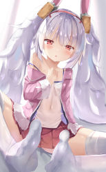 1girl :o animal_ears azur_lane bare_shoulders blurry blurry_background blush camisole collarbone commentary_request covered_navel depth_of_field fake_animal_ears feet fur-trimmed_jacket fur_trim hair_between_eyes hairband highres jacket laffey_(azur_lane) long_hair looking_at_viewer natuna_natu no_shoes off_shoulder open_clothes open_jacket parted_lips pink_jacket pleated_skirt rabbit_ears red_eyes red_hairband red_skirt silver_hair skirt soles solo strap_slip thighhighs twintails very_long_hair white_camisole white_thighhighs