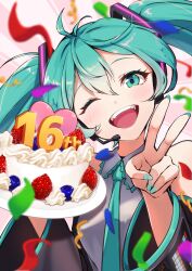Rule 34 | 1girl, ;d, absurdres, anniversary, aqua eyes, aqua hair, aqua nails, aqua necktie, cake, commentary, english commentary, fingernails, food, hair between eyes, hatsune miku, highres, holding, holding plate, long hair, looking at viewer, miu (angelo whitechoc), nail polish, necktie, one eye closed, open mouth, plate, smile, solo, teeth, twintails, upper body, upper teeth only, v, vocaloid