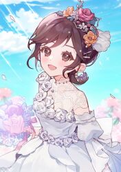 Rule 34 | 1girl, blue sky, blush, bouquet, bow, bow earrings, brown eyes, brown hair, dress, earrings, flower, flower-trimmed dress, hair flower, hair ornament, hairclip, jewelry, lace dress, looking at viewer, low ponytail, open mouth, pink flower, pink rose, project sekai, rose, sha (nz2), shinonome ena, short hair, sky, smile, solo, wedding dress, white dress, yellow flower, yellow rose