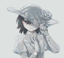 Rule 34 | 1girl, absurdres, avogado6, black hair, bubble wrap, closed mouth, dress, flower, gloves, grey background, grey dress, grey gloves, grey hat, grey rose, hand on own chest, hat, hat flower, highres, juliet sleeves, long sleeves, looking at viewer, original, puffy sleeves, red eyes, short hair, simple background, solo