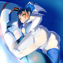 Rule 34 | 10s, 1girl, ass, bent over, blue hair, blush, bodysuit, breasts, cameltoe, closed mouth, cockpit, commentary request, darling in the franxx, from behind, green eyes, hair ornament, hairclip, highres, ichigo (darling in the franxx), looking at viewer, looking back, medium breasts, pilot suit, shiny clothes, short hair, skin tight, solo, strategist hina, trefoil, white bodysuit
