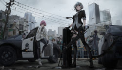 Rule 34 | 1girl, 2girls, absurdres, architecture, asymmetrical legwear, black footwear, black legwear, blazer, boots, building, car, combat boots, crowd, dystopia, english text, fingerless gloves, formal, gloves, grey hair, grey sky, highres, jacket, looking at viewer, lu (pixiv20967832), mismatched legwear, motor vehicle, multiple girls, necktie, open clothes, open jacket, original, outdoors, pencil skirt, pink hair, police car, power lines, red eyes, science fiction, short hair, skirt, sky, skyscraper, sleeves rolled up, suit, sword, utility pole, weapon, white jacket