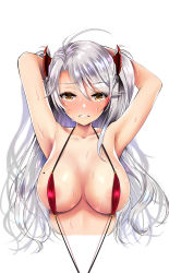 Rule 34 | 1girl, arm behind head, armpits, arms up, azur lane, blush, breasts, breasts apart, clenched teeth, collarbone, cropped torso, full-face blush, hair between eyes, highres, large breasts, long hair, looking at viewer, mole, mole on breast, multicolored hair, one-piece swimsuit, prinz eugen (azur lane), red hair, red one-piece swimsuit, silhouette, silver hair, simple background, slingshot swimsuit, solo, sweat, swept bangs, swimsuit, teeth, two side up, upper body, white background, yuzuri ai (ichigo crown)
