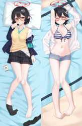 Rule 34 | 1girl, arm behind head, armpits, arms up, ayane (blue archive), ayane (swimsuit) (blue archive), bare shoulders, beach, bikini, black hair, black skirt, blazer, blue archive, blue bikini, blue jacket, blue necktie, blue panties, blush, braid, breasts, collared shirt, dakimakura (medium), day, flower, front-tie bikini top, front-tie top, full body, glasses, hair between eyes, hair flower, hair ornament, hair tie, halo, hand on own cheek, hand on own face, hand up, highres, hip focus, id card, jacket, kurisu-kun, long sleeves, looking at viewer, lying, medium breasts, medium hair, micro shorts, miniskirt, navel, necktie, off shoulder, on back, on bed, open clothes, open jacket, open shirt, outdoors, panties, panty peek, plaid, plaid skirt, red halo, shirt, shorts, single braid, skirt, smile, solo, stomach, striped bikini, striped clothes, swimsuit, thigh gap, unbuttoned, underwear, vest, white flower, white shirt, yellow eyes, yellow vest