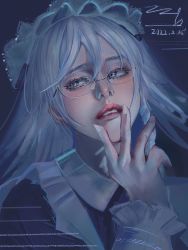 Rule 34 | 1girl, bespectacled, blue dress, blush, collared dress, dated, derivative work, dress, eyelashes, facing viewer, fingernails, frilled sleeves, frills, glasses, grey eyes, grey hair, hair between eyes, hand up, highres, izayoi sakuya, ling tengchuan, lips, long hair, looking away, maid, maid headdress, parted lips, photo-referenced, portrait, semi-rimless eyewear, sideways glance, signature, solo, teeth, touhou