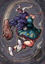Rule 34 | 1girl, 2b-ge, ambiguous red liquid, animal ears, aqua dress, blue hair, rabbit ears, rabbit tail, dress, full body, highres, long hair, looking at viewer, looking back, mallet, moon print, one-hour drawing challenge, puffy short sleeves, puffy sleeves, red eyes, seiran (touhou), short sleeves, solo, star (symbol), star print, swinging, tail, touhou, white legwear
