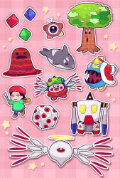 Rule 34 | 1girl, acro (kirby), adeleine, checkered background, chiimako, closed eyes, commentary request, halo, holding, holding paintbrush, hr-h, king dedede, kirby, kirby (series), kirby 64, looking at viewer, magman (kirby), miracle matter, nintendo, one-eyed, open mouth, orca, outline, paintbrush, pix (kirby), red headwear, robot, smile, solid oval eyes, star (symbol), tree, waddle doo, whispy woods, white outline, wings, zero two (kirby)