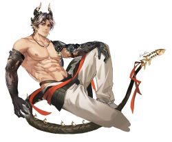 Rule 34 | 1boy, abs, absurdres, anjingkuxiao, arknights, bara, chong yue (arknights), dragon boy, dragon horns, dragon tail, ear piercing, earrings, highres, horns, jewelry, looking at viewer, male focus, multicolored hair, necklace, pants, pectorals, piercing, red eyes, signature, sitting, tail, topless male, white background, white pants