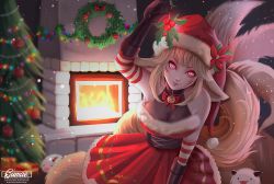 Rule 34 | 1girl, ahri (league of legends), animal ears, artist name, bell, black gloves, blurry, bow, box, breasts, brick, brown hair, choker, christmas, christmas lights, christmas ornaments, christmas tree, closed mouth, collar, corset, depth of field, dress, elbow gloves, facepaint, facial mark, fire, fireplace, flower, fox ears, fox tail, fur trim, gift, gift box, gloves, gumae, hat, holding, holding plant, holly, horns, jingle bell, league of legends, long hair, looking at viewer, looking up, medium breasts, mistletoe, mistletoe ahri, multiple tails, neck bell, pine tree, plant, pleated skirt, poinsettia, poro (league of legends), red bow, red dress, red eyes, red gloves, red hat, santa costume, santa hat, skirt, sleeveless, smile, solo, striped clothes, striped gloves, tail, tongue, tongue out, tree, very long hair, watermark, web address, whisker markings, white gloves, wreath