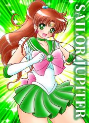 Rule 34 | 1girl, bishoujo senshi sailor moon, bow, breasts, brown hair, character name, choker, earrings, elbow gloves, female focus, gloves, green choker, green eyes, green skirt, high ponytail, highres, jewelry, kino makoto, large breasts, long hair, looking at viewer, magical girl, miniskirt, open mouth, pink bow, sailor jupiter, short sleeves, skirt, smile, solo, tatsumi kyouhei, white gloves