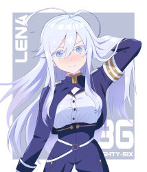 Rule 34 | 1girl, 86 -eightysix-, absurdres, ahoge, arm behind head, blue eyes, blush, breasts, character name, hair between eyes, highres, kise, military uniform, solo, uniform, vladilena millize, wavy mouth