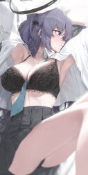 Rule 34 | 1girl, absurdres, armpits, arms up, between breasts, black bra, black skirt, blue archive, blue necktie, bra, breasts, cleavage, feet out of frame, gnns, halo, highres, lace, lace-trimmed bra, lace trim, large breasts, looking to the side, necktie, necktie between breasts, open clothes, open shirt, pleated skirt, shirt, skirt, solo, underwear, white shirt, yuuka (blue archive)