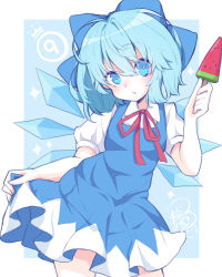 Rule 34 | circled 9, 1girl, absurdres, ayakabu, blue eyes, blue hair, bow, cirno, food, hair between eyes, hair bow, highres, looking at viewer, popsicle, short hair, skirt hold, solo, touhou, watermelon bar