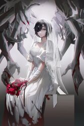Rule 34 | 1girl, absurdres, black hair, blood, blood on clothes, blood on hands, bouquet, bridal veil, chainsaw man, daisy, disembodied hand, dress, eyepatch, fingernails, flower, ghost devil (chainsaw man), gloves, green eyes, highres, himeno (chainsaw man), holding, holding bouquet, looking at viewer, pale skin, red flower, red rose, rose, sharp fingernails, short hair, sitting, sleepless (wrysmile), solo, veil, wedding dress, white dress, white gloves