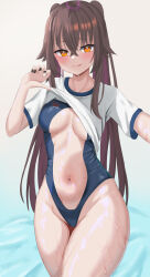 Rule 34 | 1girl, absurdres, alternate costume, black nails, blue one-piece swimsuit, breasts, breasts apart, brown hair, closed mouth, clothes lift, clothing cutout, commentary request, competition swimsuit, crossed bangs, genshin impact, groin, hair between eyes, highleg, highleg swimsuit, highres, hu tao (genshin impact), licking lips, lifted by self, long bangs, long hair, looking at viewer, medium breasts, navel, one-piece swimsuit, orange eyes, shirt, shirt lift, simple background, smile, solo, stomach cutout, swimsuit, swimsuit under clothes, symbol-shaped pupils, thighs, tongue, tongue out, twintails, ushimizu, wet, white shirt
