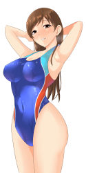 Rule 34 | 1girl, absurdres, armpits, arms behind head, bad id, bad pixiv id, blue one-piece swimsuit, competition swimsuit, cowboy shot, highleg, highleg swimsuit, highres, idolmaster, idolmaster cinderella girls, looking at viewer, multicolored clothes, multicolored swimsuit, nitta minami, one-piece swimsuit, pachio, parted lips, simple background, solo, standing, swimsuit, wet, wet clothes, wet swimsuit, white background