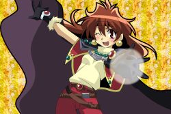 Rule 34 | 1girl, black gloves, cape, female focus, gloves, lina inverse, looking at viewer, magic, matsudora124, one eye closed, orange hair, red eyes, slayers, solo, wizard, upper body