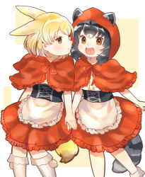 Rule 34 | 2girls, animal ears, apron, bad id, bad twitter id, black corset, blonde hair, capelet, commentary request, common raccoon (kemono friends), corset, dress, ears through headwear, fang, fennec (kemono friends), fox ears, fox girl, fox tail, frilled dress, frills, fur trim, grey hair, highres, hood, hood down, hood up, kemono friends, little red riding hood, multicolored hair, multiple girls, open mouth, raccoon ears, raccoon girl, raccoon tail, red capelet, red dress, red fur, red hood, short hair, suicchonsuisui, tail, white apron, white hair