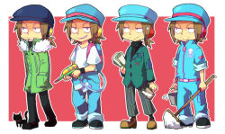 Rule 34 | 1boy, belt, black cat, black footwear, black pants, black socks, blue headwear, border, breast pocket, brown hair, bucket, cat, cigarette, dual persona, facial hair, frown, green jacket, grin, hand in pocket, headphones, holding, holding bucket, holding mop, holding paintbrush, holding paper, holding water gun, jacket, janitor, male focus, mop, mouth hold, mr. kk, paintbrush, pants, paper, pink belt, pocket, pop&#039;n music, rolled up paper, shirt, short ponytail, skull and crossbones, sleeves rolled up, smile, smoking, socks, striped clothes, striped pants, stubble, sweatdrop, t-shirt, variations, vertical-striped clothes, vertical-striped pants, water gun, white border, white shirt, yokunaiiii