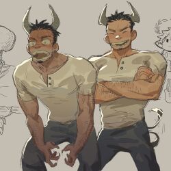 Rule 34 | 1boy, ^ ^, angry, arm hair, bara, black hair, breath, closed eyes, collage, cropped, crossed arms, demon boy, demon horns, demon tail, facial hair, feet out of frame, gh himainu, goatee, horns, male focus, mature male, original, pectorals, roaring, shirt, short hair, sideburns, sketch, smile, standing, tail, tail wagging, teeth, thick eyebrows, toned, toned male, white shirt