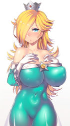 Rule 34 | 1girl, alternate breast size, bare shoulders, blonde hair, blue dress, blue eyes, blush, breasts, cleavage, covered erect nipples, covered navel, crown, dress, flipped hair, gloves, hair over one eye, hands on own chest, huge breasts, impossible clothes, long hair, looking at viewer, mario (series), nagase haruhito, nintendo, rosalina, simple background, skin tight, solo, super mario galaxy, twisted torso, white background, white gloves