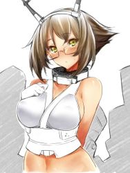 Rule 34 | 10s, 1girl, bare shoulders, bespectacled, blush, breasts, brown hair, female focus, glasses, gloves, hairband, headgear, inayama, kantai collection, large breasts, looking at viewer, midriff, mutsu (kancolle), navel, short hair, solo, upper body, white gloves, yellow eyes