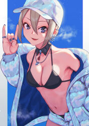Rule 34 | 1girl, baseball cap, bikini, black bikini, black eyes, breasts, commentary request, detached collar, ear piercing, earrings, fox shadow puppet, grey hair, hat, highres, idolmaster, idolmaster cinderella girls, jacket, jewelry, lc butter, looking at viewer, medium breasts, micro shorts, nail art, navel, necklace, open clothes, open fly, open jacket, open mouth, piercing, ring, shiomi syuko, short hair, shorts, smile, solo, swimsuit, upper body