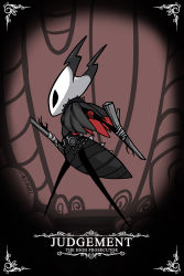 Rule 34 | 1girl, absurdres, artist name, black cloak, black eyes, black horns, character name, cloak, commentary, cosplay, dual wielding, full body, helltaker, highres, holding, holding stick, holding weapon, hollow knight, hornet (hollow knight), horns, arthropod girl, judgement (helltaker), judgement (helltaker) (cosplay), profile, red cloak, solo, standing, stick, taphris, weapon