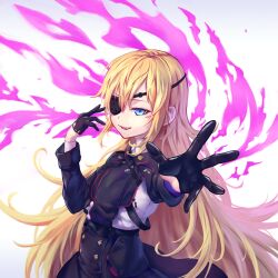 Rule 34 | 1girl, :d, black dress, black gloves, black skirt, blonde hair, blue eyes, dress, eyepatch, fang, gloves, goddess of victory: nikke, guillotine (nikke), half gloves, highres, long hair, looking at viewer, military uniform, nzz, open hand, open mouth, parted lips, reaching, reaching towards viewer, skirt, smile, solo, uniform, upper body, very long hair, wavy hair