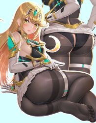 Rule 34 | 1girl, absurdres, ass, bare shoulders, black pantyhose, blonde hair, blush, breasts, brown pantyhose, chest jewel, dress, earrings, elbow gloves, feet, gloves, highres, jewelry, large breasts, long hair, looking at viewer, multiple views, mythra (massive melee) (xenoblade), mythra (xenoblade), nemunemu semi, pantyhose, short dress, swept bangs, thigh strap, thighband pantyhose, thighs, tiara, white dress, white gloves, xenoblade chronicles (series), xenoblade chronicles 2, yellow eyes