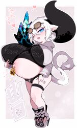 Rule 34 | 1girl, animal ears, belly, blue eyes, breasts, cow ears, cow horns, cow tail, ear piercing, ear tag, eyewear on head, fang, hair between eyes, high heels, horns, huge breasts, huge horns, mato tsuyoi, nail polish, navel piercing, oppai loli, original, piercing, pregnant, short hair, short shorts, shorts, simple background, solo, stomach, stomach day, sunglasses, tail, white background, white hair, yamada vanhouten (mato tsuyoi)