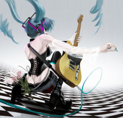 Rule 34 | 1girl, aqua eyes, aqua hair, belt, bitter sweet (bs6968), boots, breasts, butt crack, checkered floor, covered erect nipples, detached sleeves, electric guitar, fender (company), fender telecaster, floor, flower, from behind, guitar, hatsune miku, headphones, instrument, medium breasts, nail polish, plectrum, see-through, solo, squatting, thighhighs, twintails, vocaloid