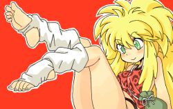 Rule 34 | 1girl, barefoot, blonde hair, blush, breasts, feet, green eyes, leg warmers, legs up, long hair, no shoes, oyatsu (mk2), pouch, red background, simple background, smile, soles, solo, toeless legwear, toes