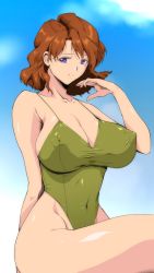 Rule 34 | 1girl, alternate breast size, alternate costume, arm behind back, armpit crease, blue sky, breasts, brown hair, closed mouth, cloud, collarbone, covered erect nipples, covered navel, facing viewer, highres, kaori (super real mahjong), large breasts, leotard, looking at viewer, mole, mole under eye, navel, purple eyes, sakura na omiki, shiny skin, short hair, sitting, sky, smile, solo, super real mahjong