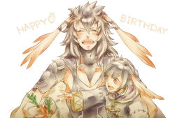 Rule 34 | 2boys, :d, ^ ^, alternate eye color, alternate hair color, animal ears, artist name, bad id, bad pixiv id, bag, birthday, black hair, blush, carrot, closed eyes, dated, english text, facial hair, father and son, fire emblem, fire emblem awakening, food, fur, hair between eyes, happy, happy birthday, height difference, hood, hooded jacket, jacket, long sleeves, male focus, morgan (fire emblem), morgan (male) (fire emblem), multiple boys, nintendo, no pupils, open mouth, rabbit ears, reaching, red eyes, signature, smile, stubble, swept bangs, teeth, tomi (pogu), vegetable, white background, yarne (fire emblem)