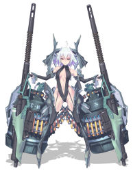 Rule 34 | 1girl, breasts, center opening, expressionless, highres, looking down, mecha musume, nenchi, original, science fiction, small breasts, solo, standing, white background, white hair, yellow eyes