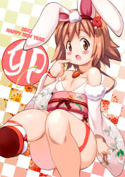 Rule 34 | 1girl, 2023, animal ears, bare shoulders, blush, breasts, brown hair, carrot necklace, checkered background, chinese zodiac, commentary request, detached sleeves, fake animal ears, finger to cheek, floral background, floral print, flower, fur-trimmed sleeves, fur trim, hair flower, hair ornament, hairband, hand up, happy new year, highres, japanese clothes, jewelry, long hair, looking at viewer, marron queen, necklace, new year, obi, open mouth, original, print sleeves, rabbit ears, red flower, red footwear, red hairband, sandals, sash, shiny skin, sidelocks, small breasts, solo, year of the rabbit, yellow eyes, yu 3, zouri