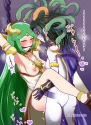 Rule 34 | 1futa, 1girl, arms behind head, arms up, breasts, clothed sex, clothes, collar, colored skin, cum, cum in pussy, dark green hair, ejaculation, futa with female, futanari, gag, gagged, grabbing, green hair, grey skin, heart, highres, japanese text, jarkwaratu, jewelry, kid icarus, leg grab, long hair, medium breasts, medusa (kid icarus), monster girl, multiple girls, nintendo, nipples, open clothes, palutena, partially undressed, sex, snake, snake hair, standing, standing sex, variant set