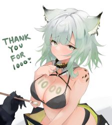 Rule 34 | 1girl, 1other, animal ears, arknights, bikini, black collar, black gloves, blush, body writing, breasts, cat ears, cat girl, cleavage, collar, gloves, green eyes, green hair, highres, holding, holding brush, kal&#039;tsit (arknights), large breasts, layton (sanlayton), looking at viewer, material growth, milestone celebration, o-ring, o-ring bikini, oripathy lesion (arknights), out of frame, short hair, simple background, solo focus, swimsuit, thank you, upper body, white background