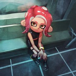 Rule 34 | 1girl, agent 8 (splatoon), bench, black footwear, boots, bracelet, from above, highres, jewelry, kunitarou-art, mask, nintendo, octoling, octoling girl, octoling player character, orange eyes, red hair, shirt, sitting, sleeveless, sleeveless shirt, solo, suction cups, tentacle hair