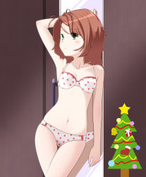 Rule 34 | 1girl, against mirror, arm up, armpits, bare legs, bare shoulders, blush, bra, breasts, brown hair, christmas ornaments, christmas tree, collarbone, female focus, green eyes, heart, heart print, highres, inamochi keiichirou, legs, lingerie, mirror, navel, original, panties, reflection, short hair, small breasts, solo, standing, thigh gap, underwear, underwear only