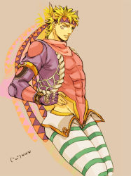 Rule 34 | 1boy, abs, bad id, bad pixiv id, battle tendency, blonde hair, blue jacket, caesar anthonio zeppeli, cropped jacket, facial mark, feather hair ornament, feathers, fingerless gloves, gloves, hair ornament, headband, highleg, highleg leotard, jacket, jojo no kimyou na bouken, leotard, male focus, muscular, nico2gn, official alternate costume, pants, red leotard, simple background, solo, striped clothes, striped legwear, striped pants